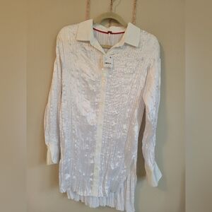 Free people optic white silky satin like stretch button down tunic size Small